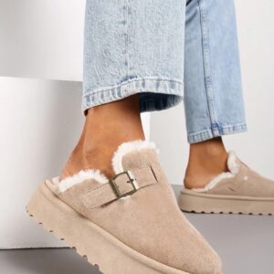 Claquettes taupe fourrées
